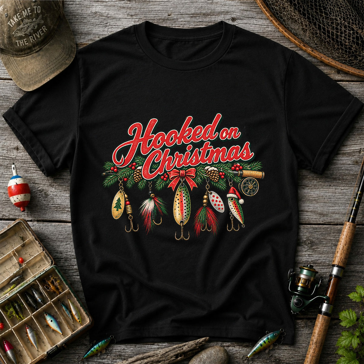 Hooked on Christmas Fishing Lure Ornaments Graphic T-Shirt