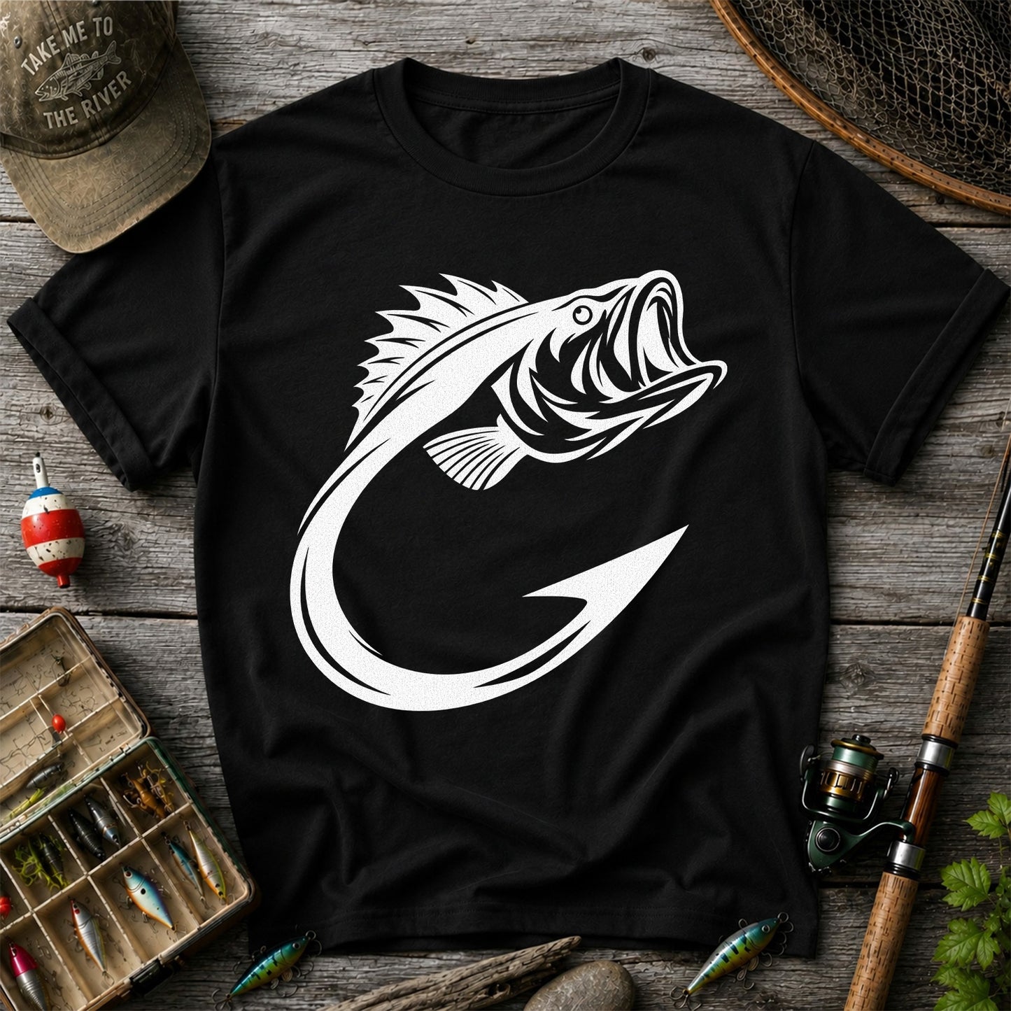 Bass Fish Hook Silhouette Fishing Graphic T-Shirt