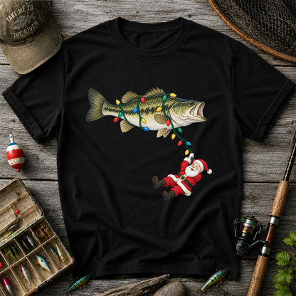 Santa Hanging from Christmas Lights on Bass Fishing Graphic T-Shirt