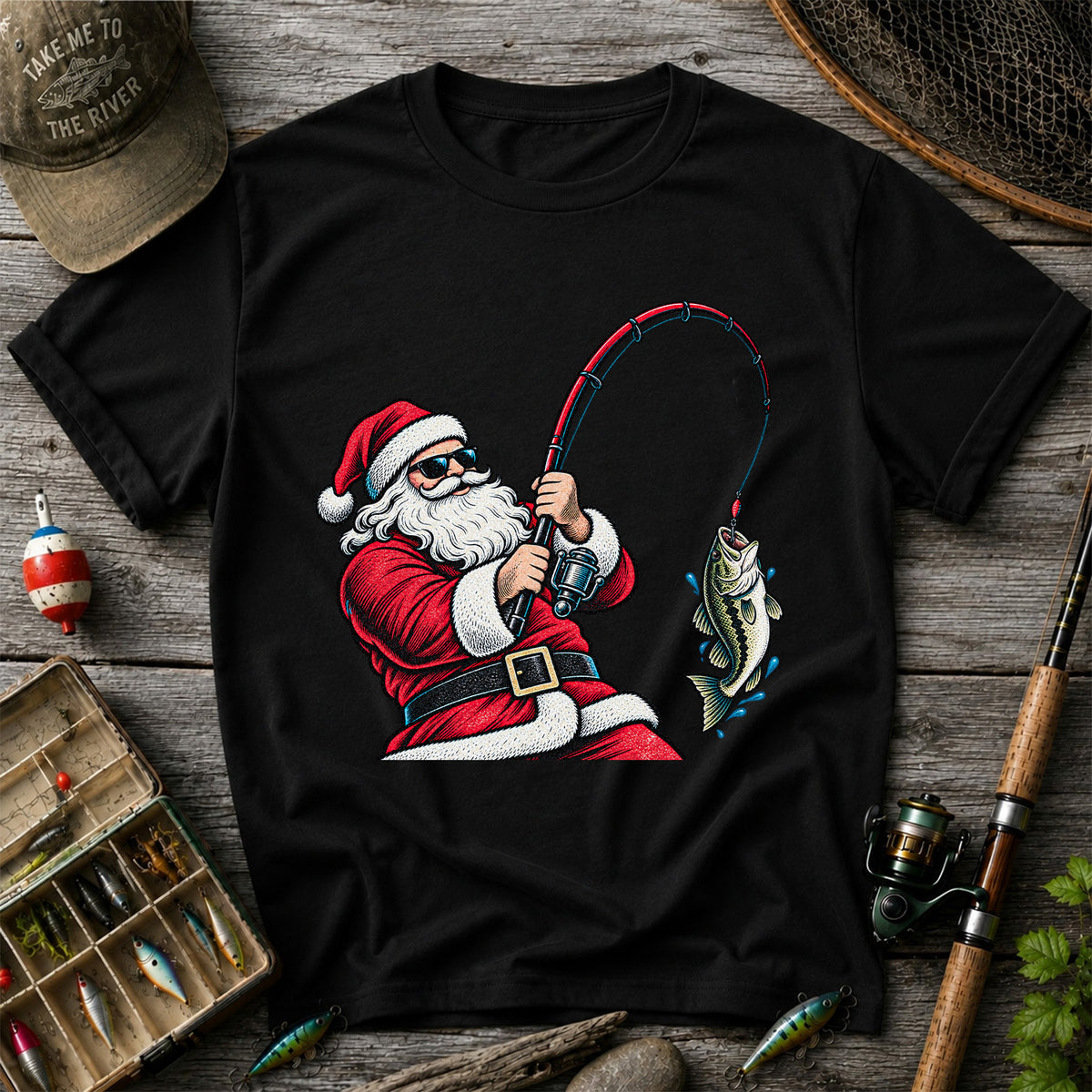 Santa Claus Catching a Bass Christmas Fishing Graphic T-Shirt