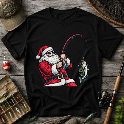 Santa Claus Catching a Bass Christmas Fishing Graphic T-Shirt