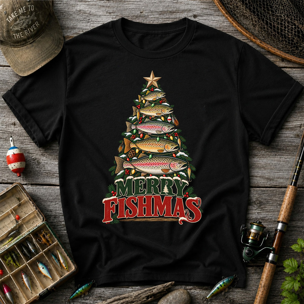 Merry Fishmas Trout Christmas Tree Fishing T-Shirt