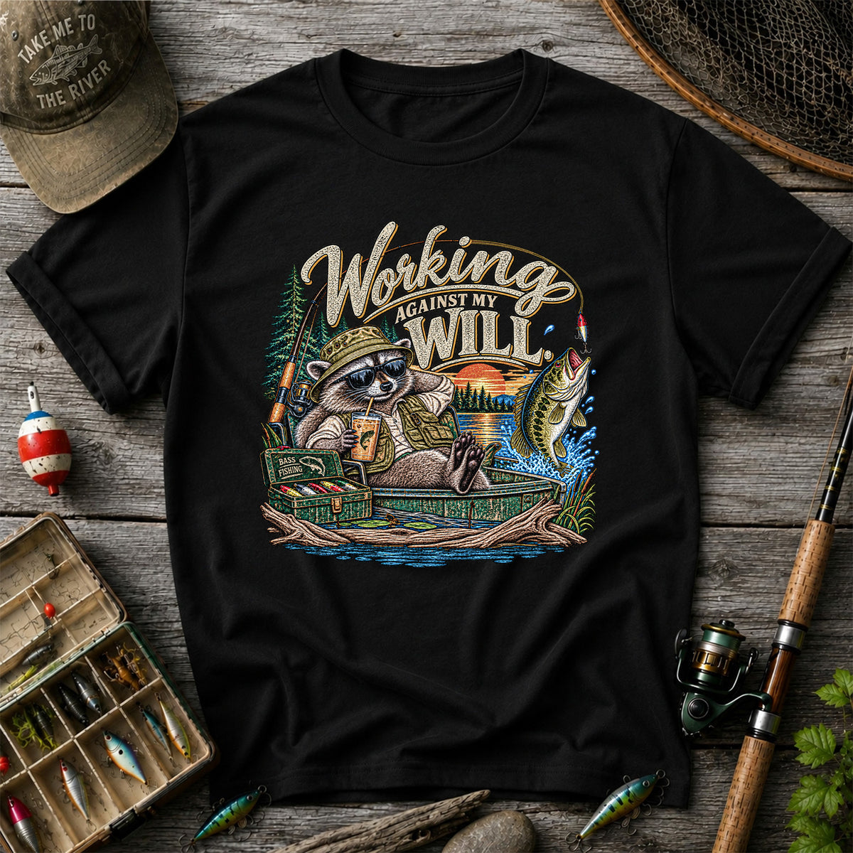 Working Against My Will Raccoon Bass Fishing T-Shirt
