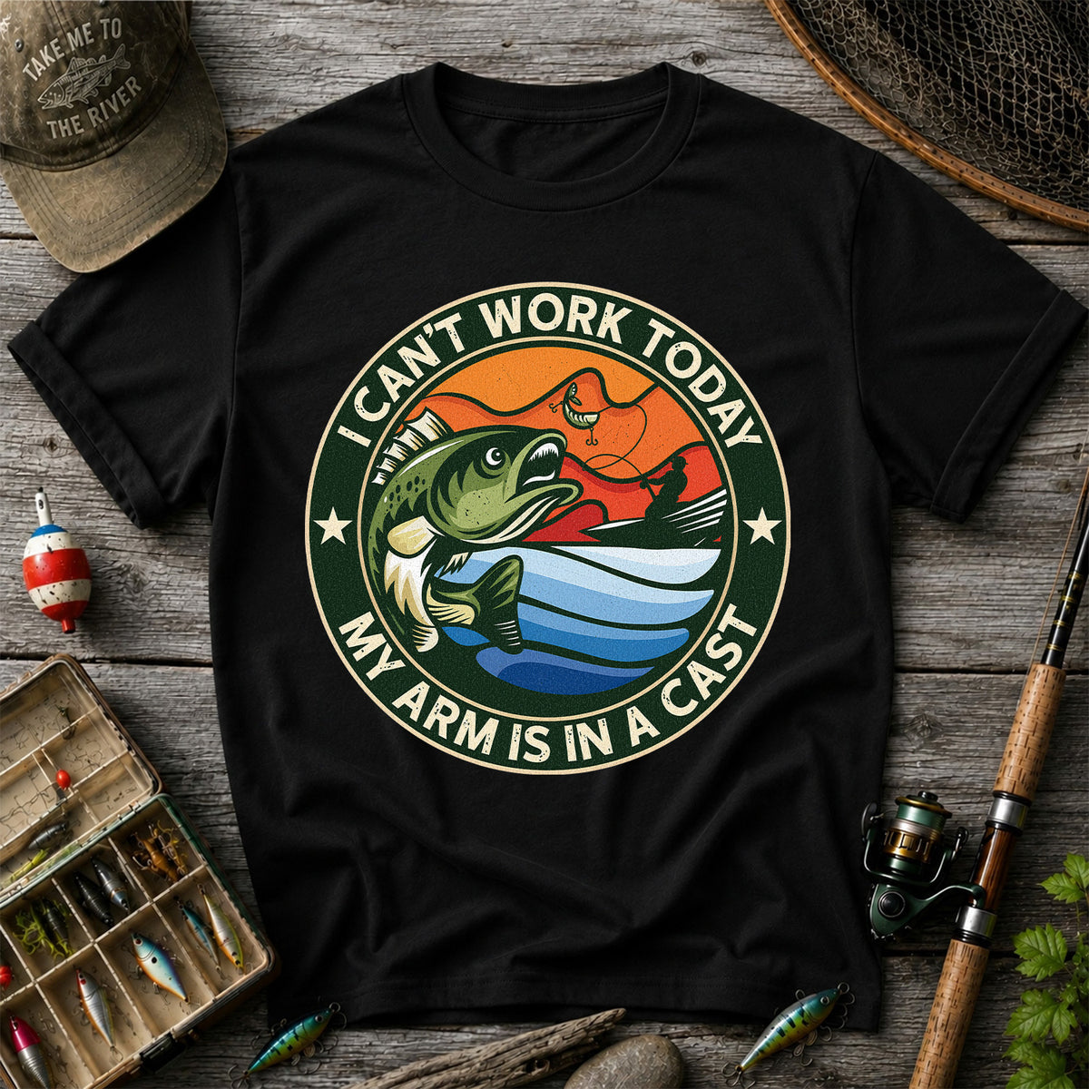 I Can't Work Today My Arm Is in a Cast Bass Fishing T-Shirt