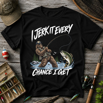 Jerk It Every Chance I Get Bigfoot Fishing Graphic T-Shirt