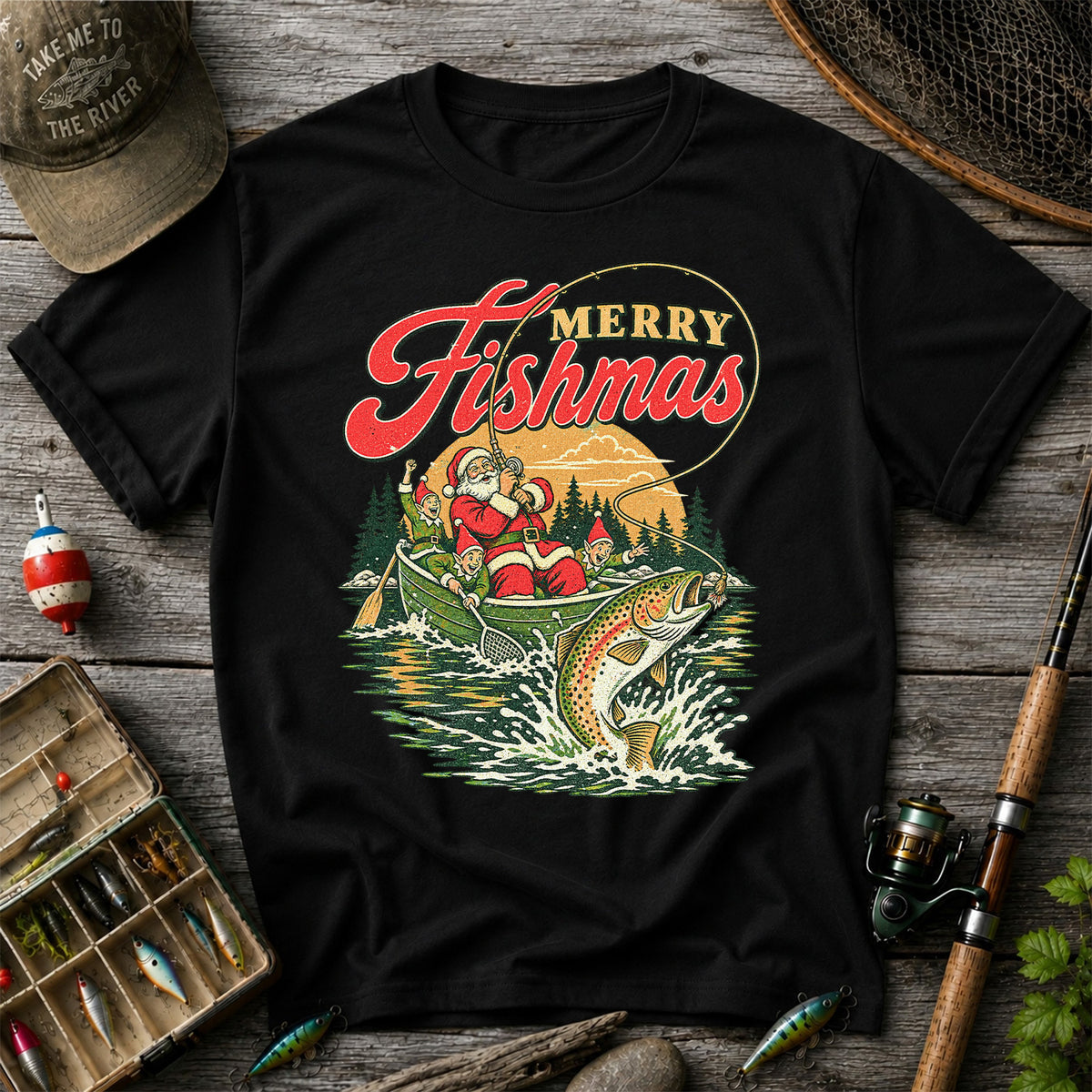 Merry Fishmas Santa and Elves Trout Fishing Christmas T-Shirt
