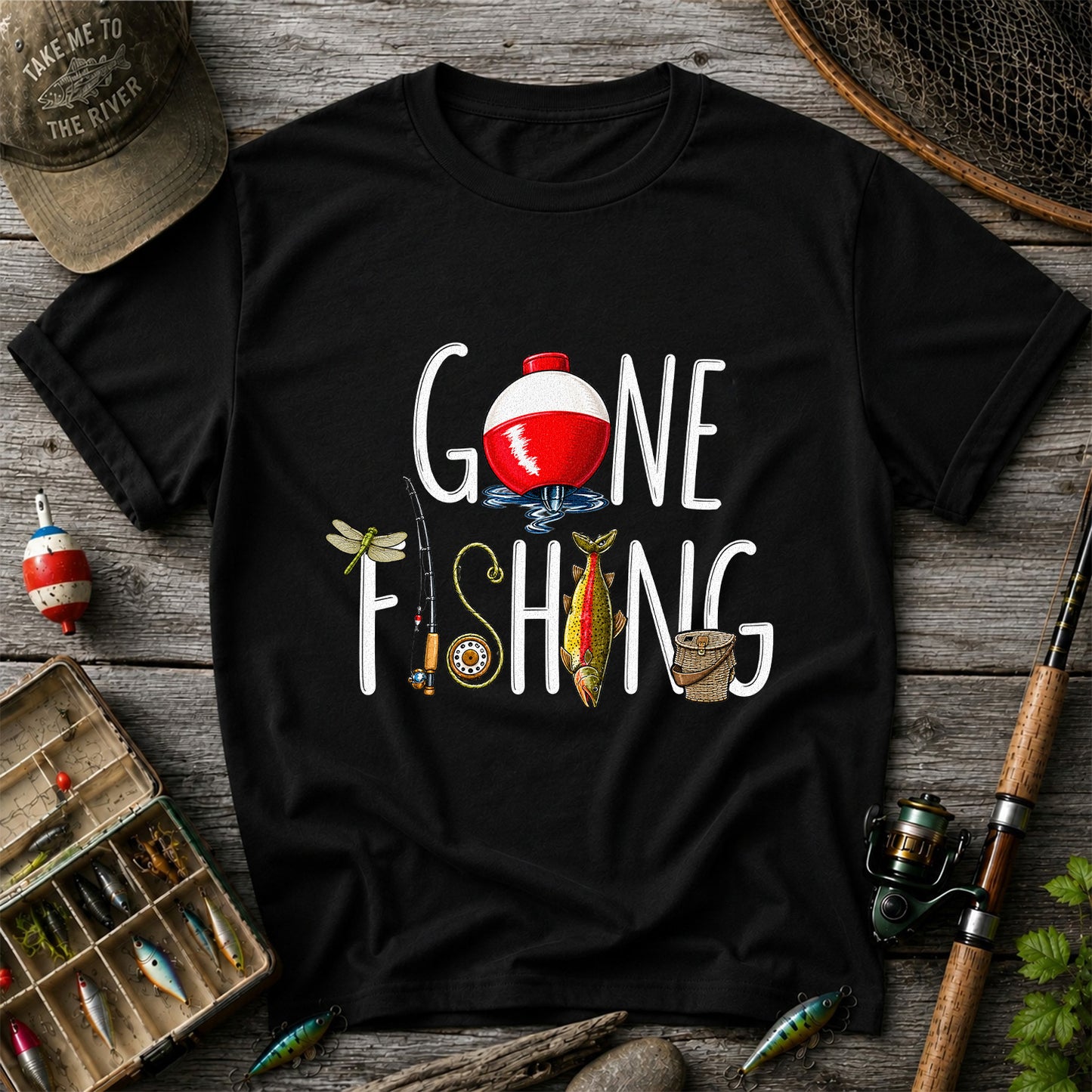 Gone Fishing Bobber Rod and Lure Graphic T-Shirt