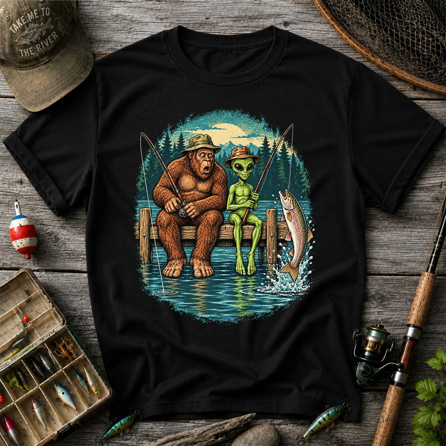 Bigfoot and Alien Fishing on a Dock with Rainbow Trout Graphic T-Shirt