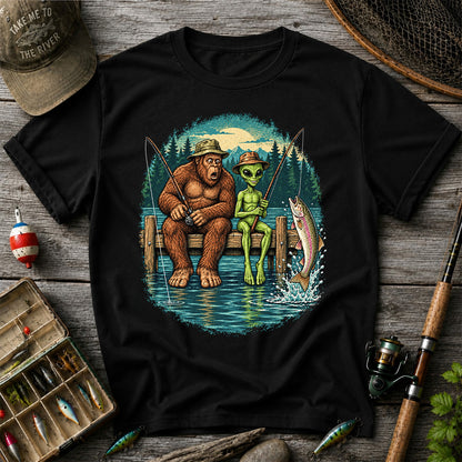Bigfoot and Alien Fishing on a Dock with Rainbow Trout Graphic T-Shirt