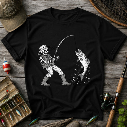 Skeleton Angler Catching a Trout Fishing Graphic T-Shirt