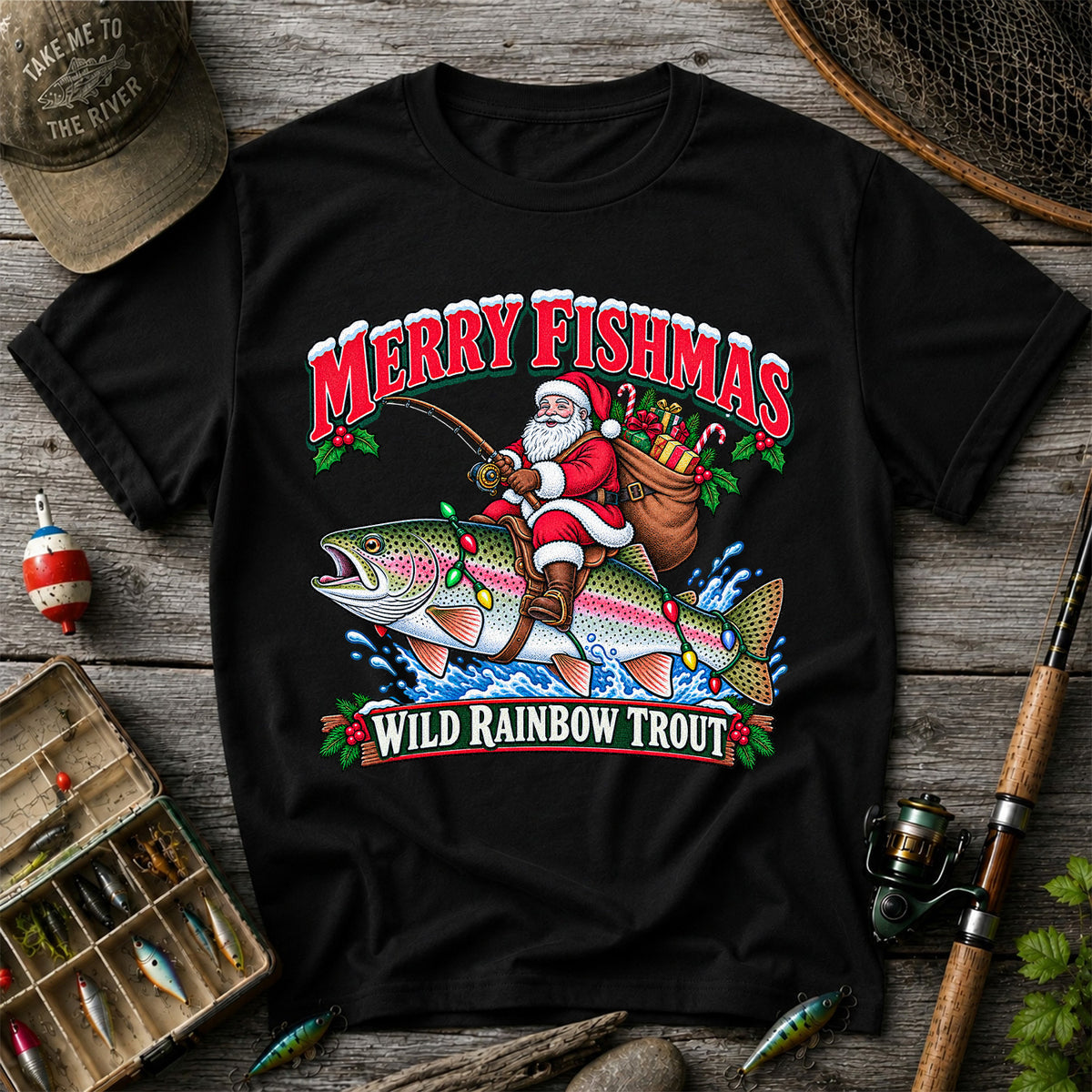 Merry Fishmas Santa Riding a Wild Rainbow Trout Christmas Fishing T-Shirt