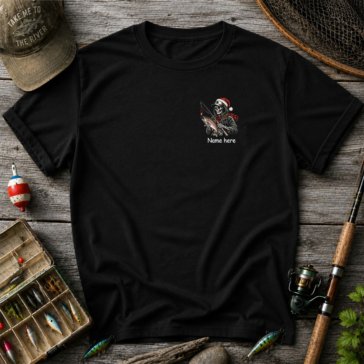 Name Here Personalized Christmas Skeleton Trout Fishing T-Shirt
