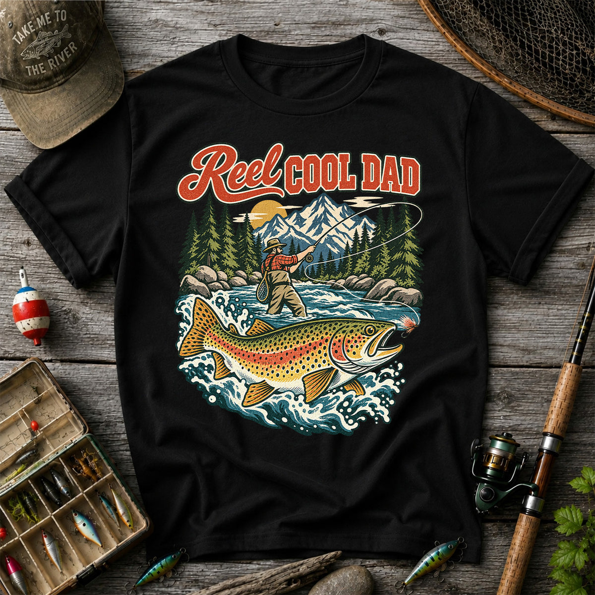 Reel Cool Dad Rainbow Trout Fly Fishing Graphic T-Shirt