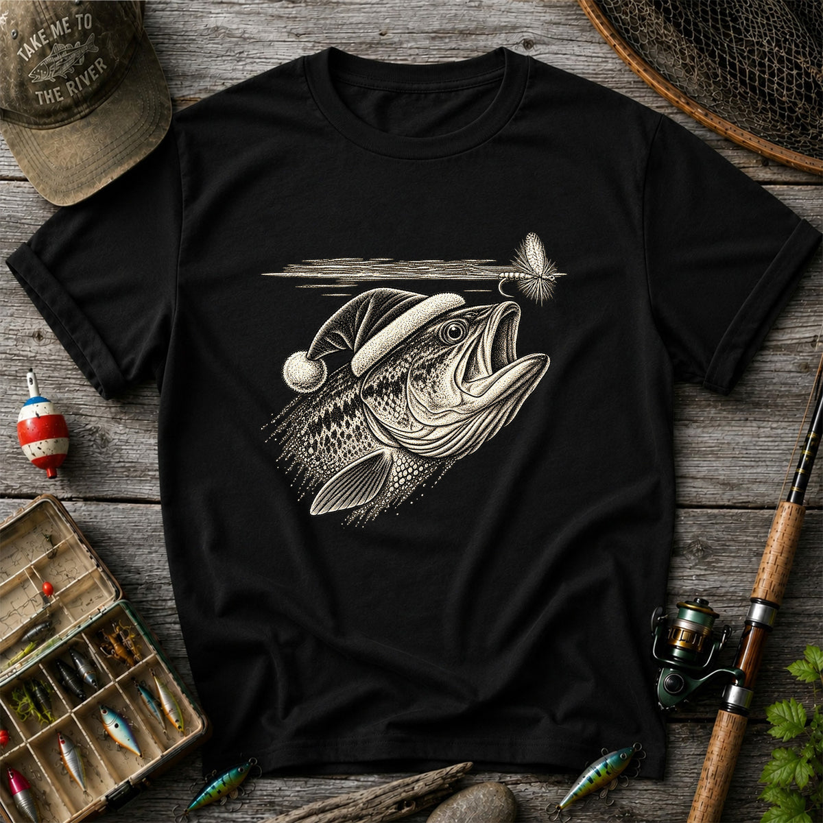 Santa Hat Bass Chasing a Fishing Fly Graphic T-Shirt