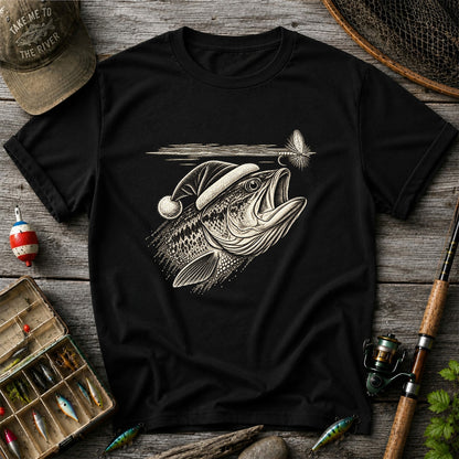 Santa Hat Bass Chasing a Fishing Fly Graphic T-Shirt