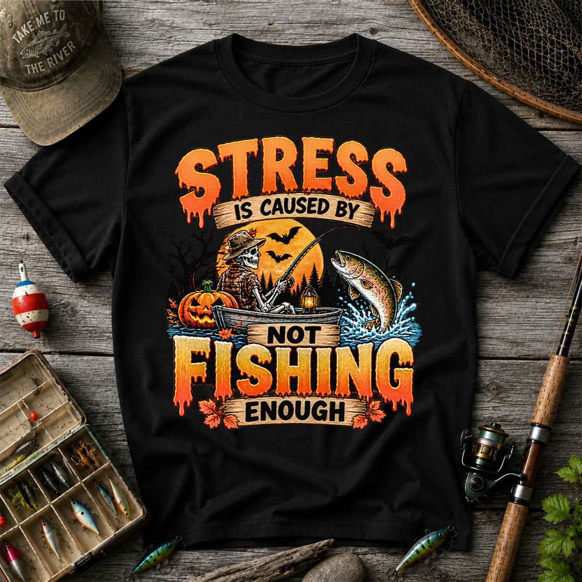 Stress Is Caused by Not Fishing Enough Skeleton Halloween Trout T-Shirt