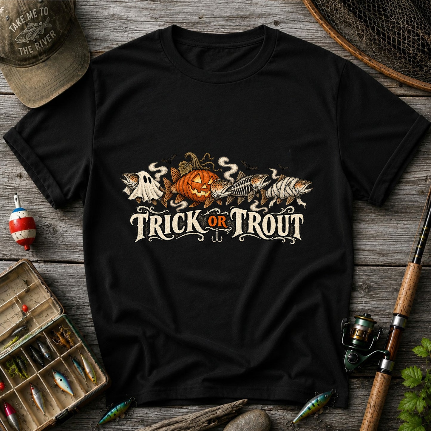 Trick or Trout Halloween Fish Lineup Fishing T-Shirt