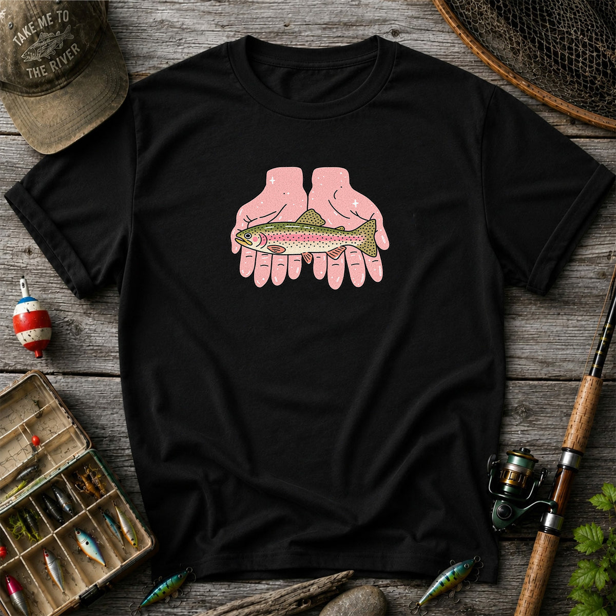 Rainbow Trout Held in Pink Hands Fishing Graphic T-Shirt
