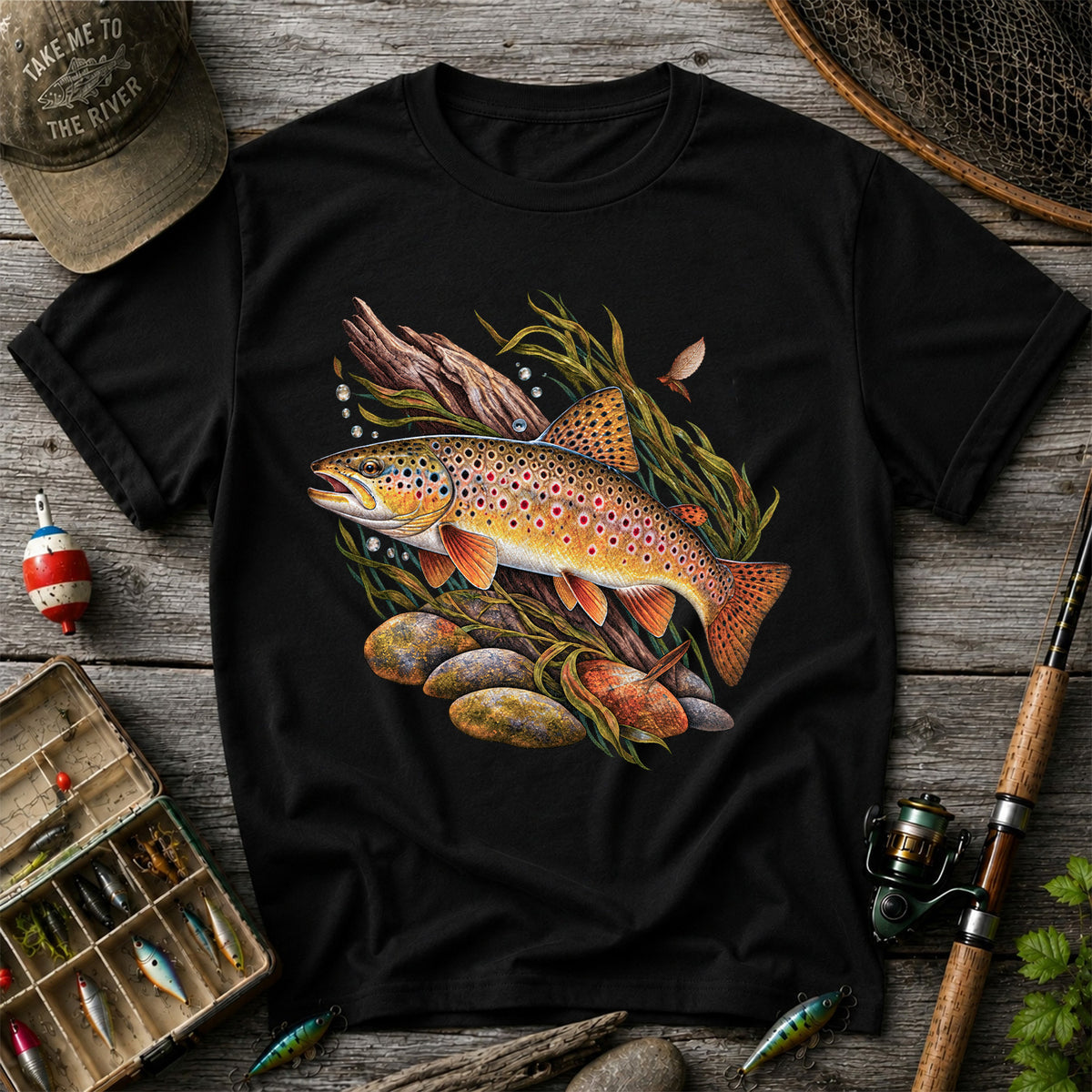 Vintage Brown Trout River Fishing Graphic T-Shirt