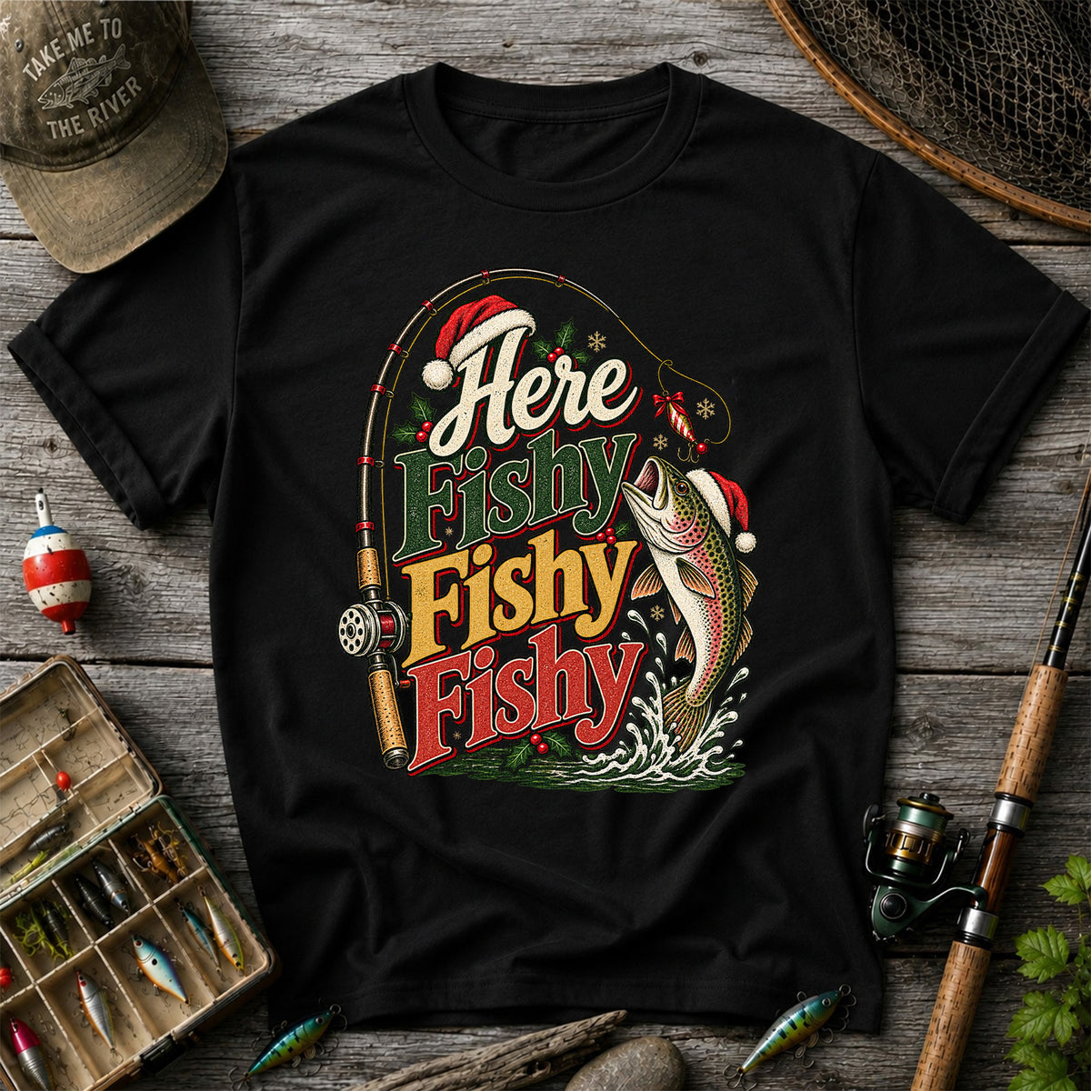 Here Fishy Fishy Fishy Christmas Rainbow Trout Fishing T-Shirt