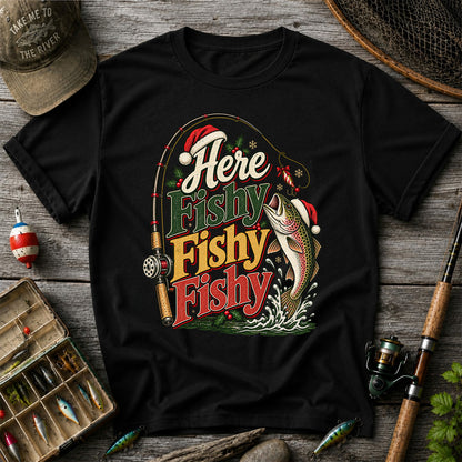 Here Fishy Fishy Fishy Christmas Rainbow Trout Fishing T-Shirt