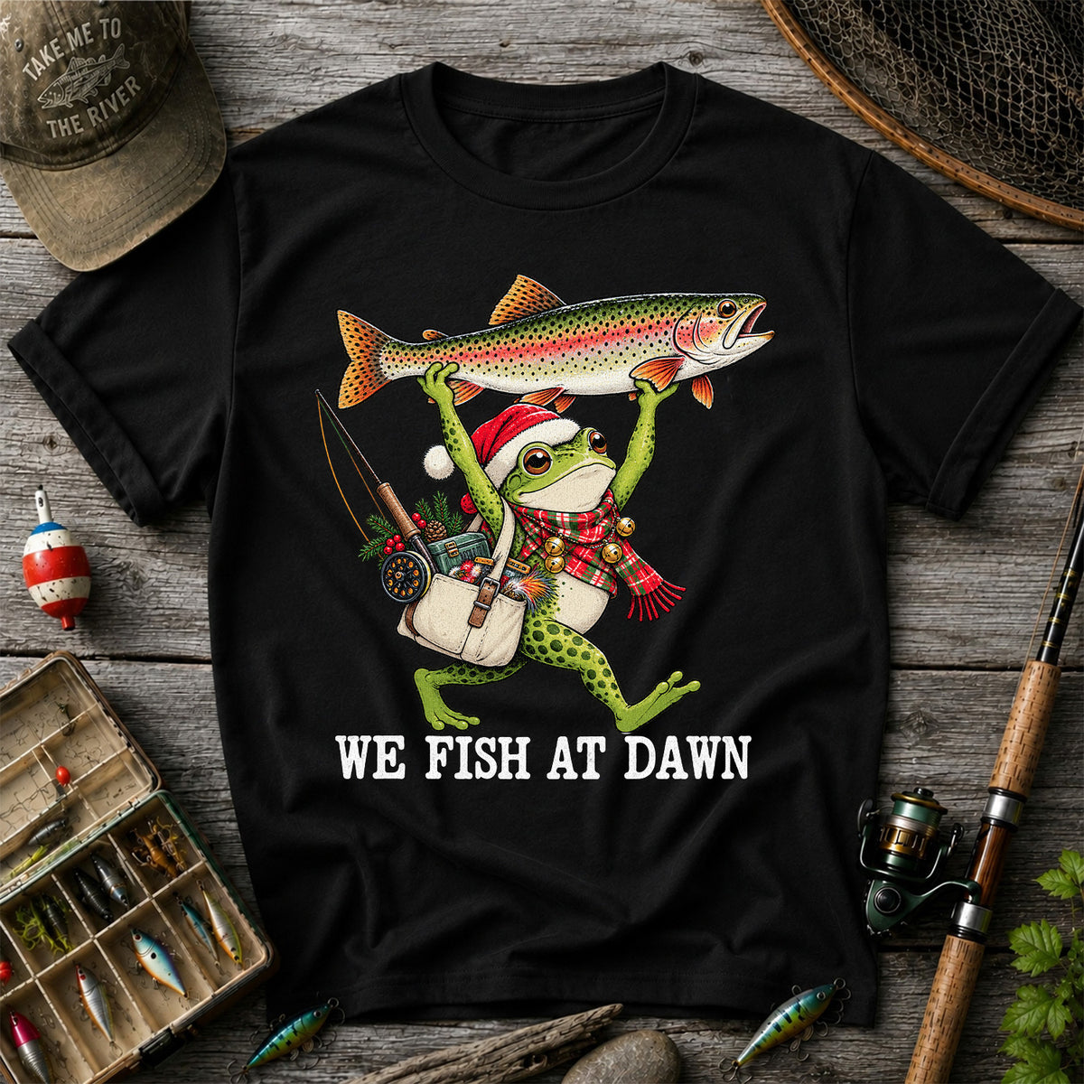 Frog Holding Rainbow Trout Fishing at Dawn Graphic T-Shirt