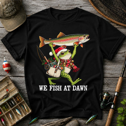 Frog Holding Rainbow Trout Fishing at Dawn Graphic T-Shirt