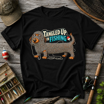 Tangled Up in Fishing Funny Dachshund Dog Graphic T-Shirt