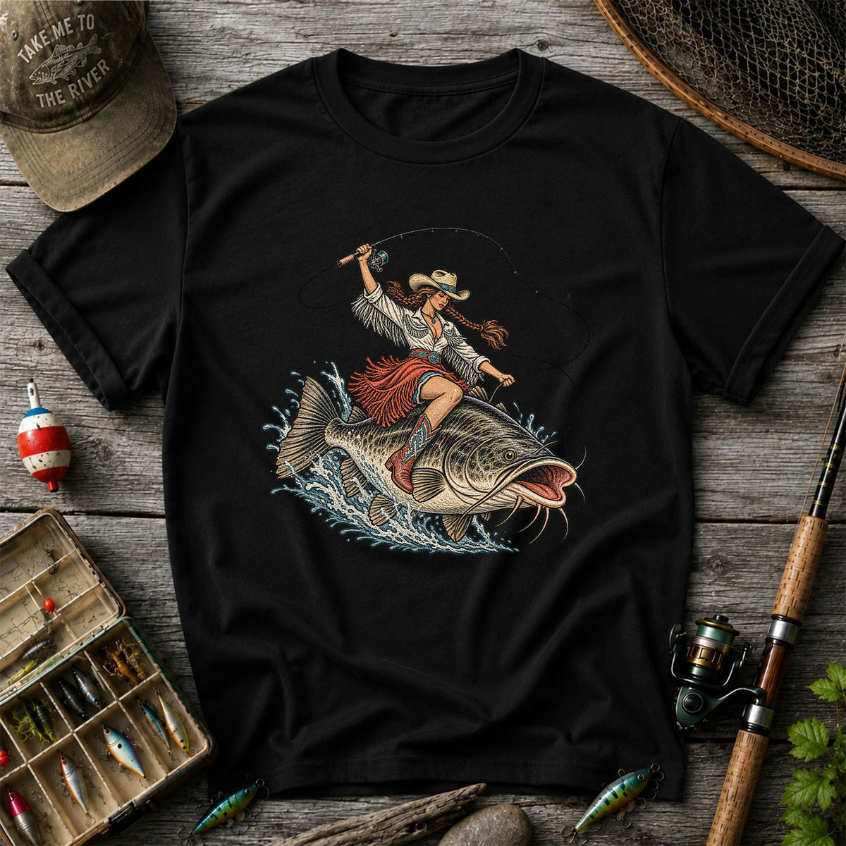 Cowgirl Riding a Largemouth Bass Fishing Graphic T-Shirt