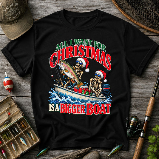 All I Want for Christmas Is a Bigger Boat Skeleton Rainbow Trout Fishing T-Shirt
