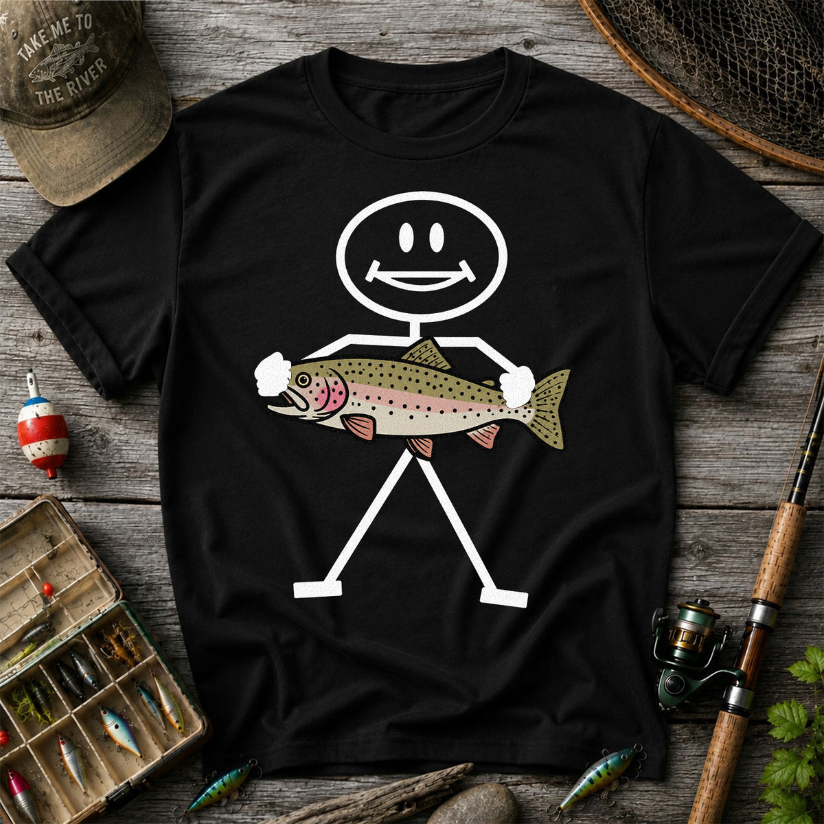 Stick Figure Holding a Rainbow Trout Fishing T-Shirt