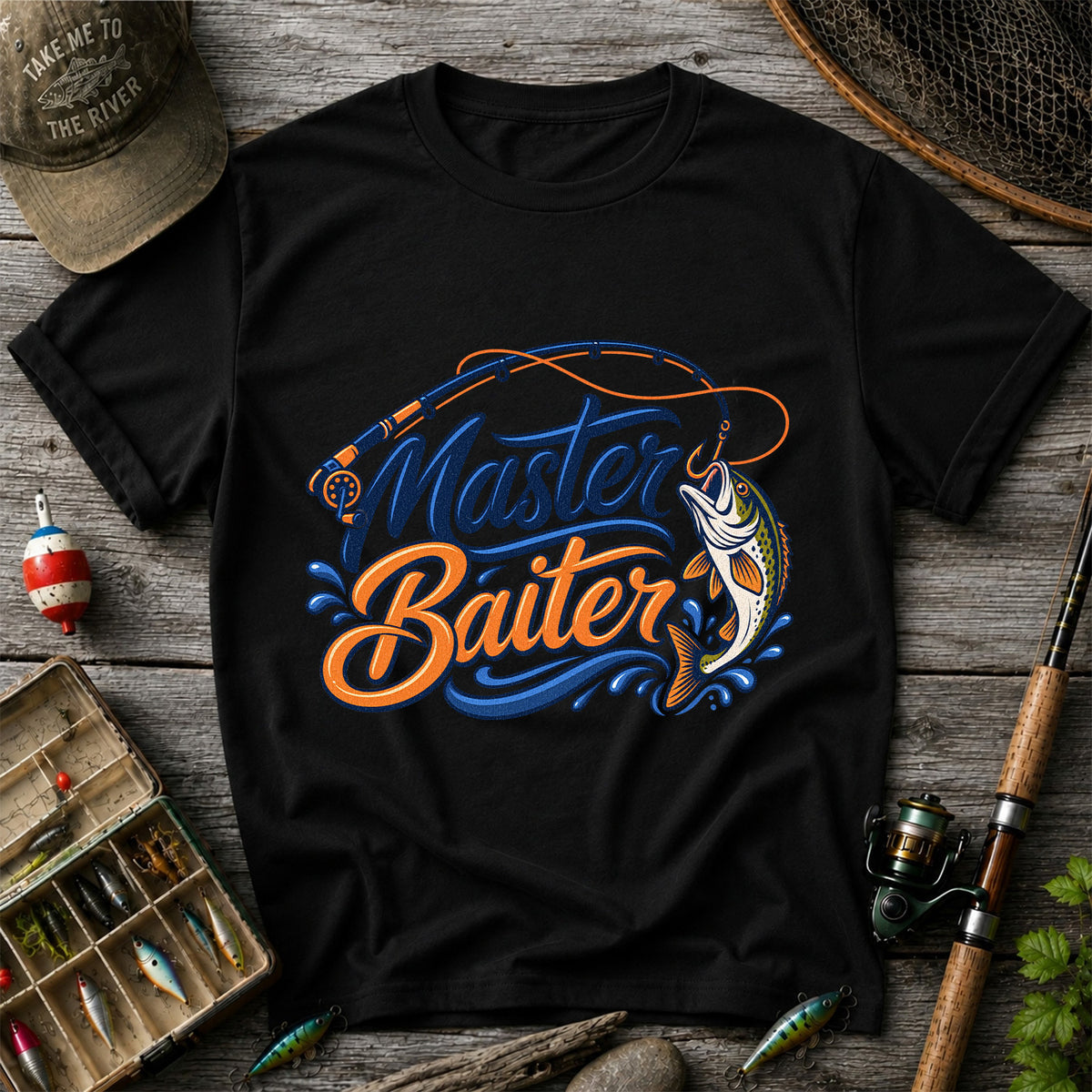 Master Baiter Funny Fishing Rod and Jumping Fish T-Shirt