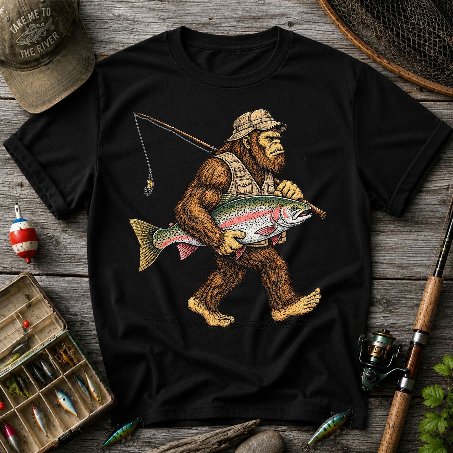 Bigfoot Holding Rainbow Trout Vintage Fishing Graphic T-Shirt