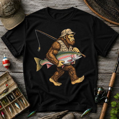 Bigfoot Holding Rainbow Trout Vintage Fishing Graphic T-Shirt