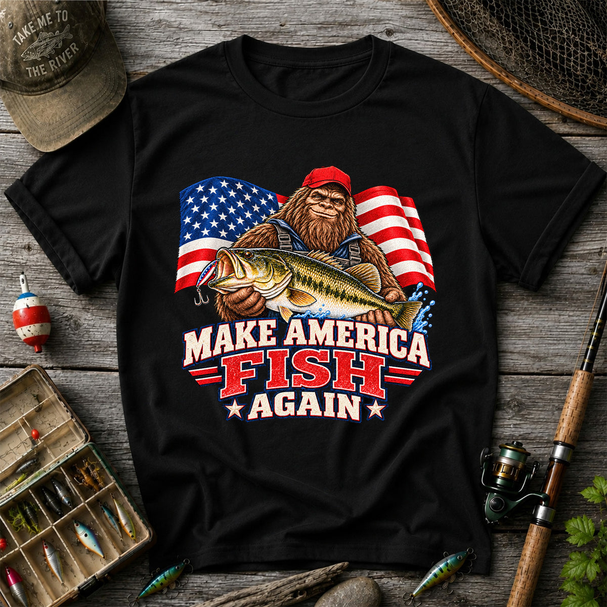 Make America Fish Again Bigfoot Bass Fishing T-Shirt