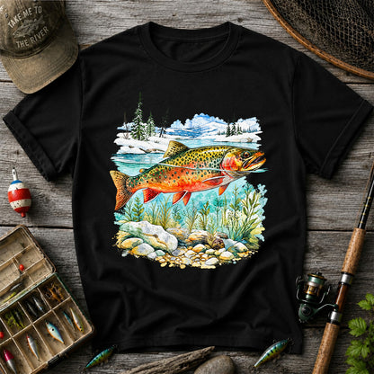 Brown Trout in Mountain River Watercolor Fishing Graphic T-Shirt