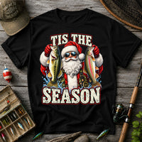Tis the Season Santa Holding Bass and Rainbow Trout Christmas Fishing T-Shirt