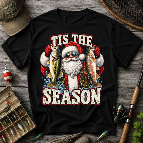 Tis the Season Santa Holding Bass and Rainbow Trout Christmas Fishing T-Shirt
