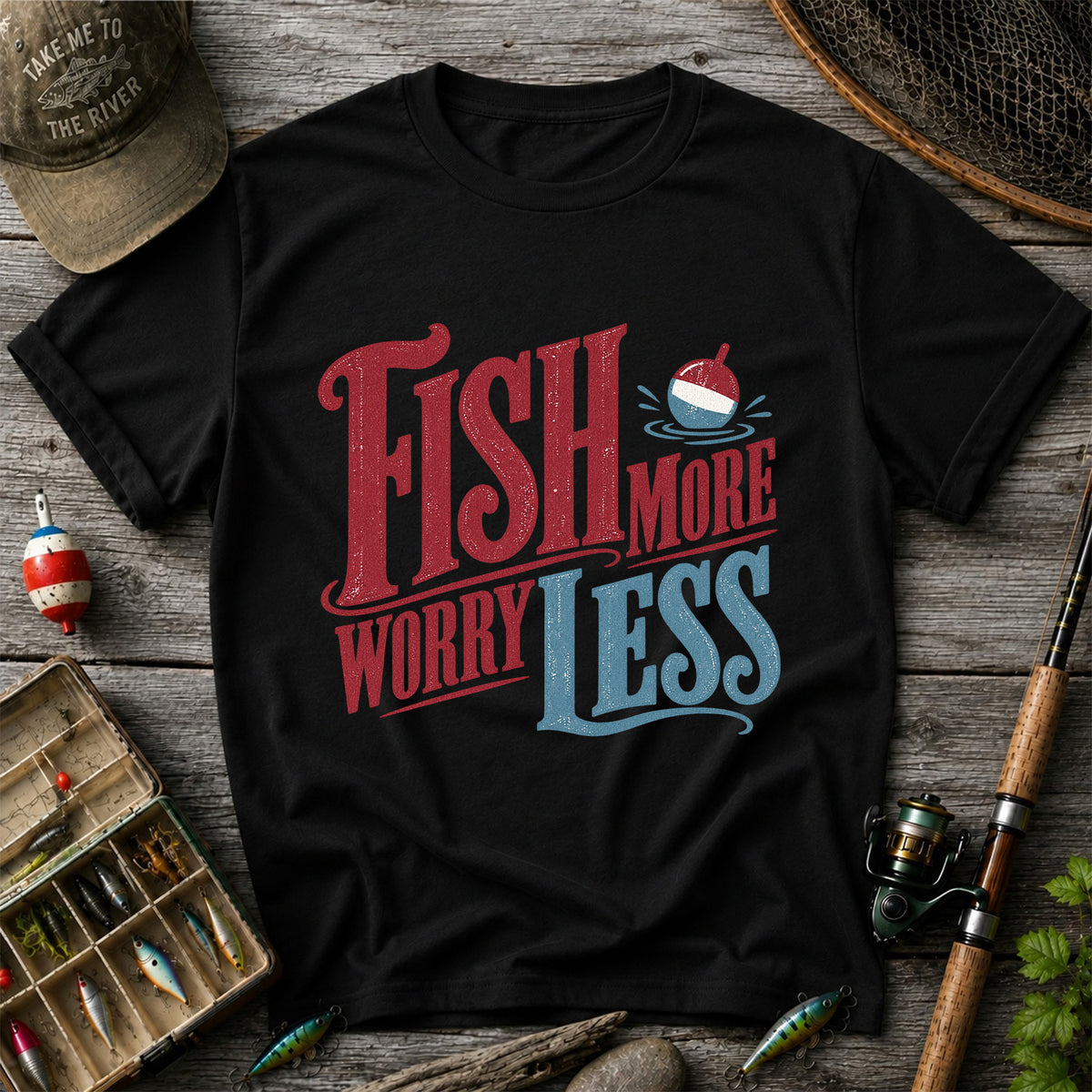 Fish More Worry Less Vintage Bobber Fishing Graphic T-Shirt