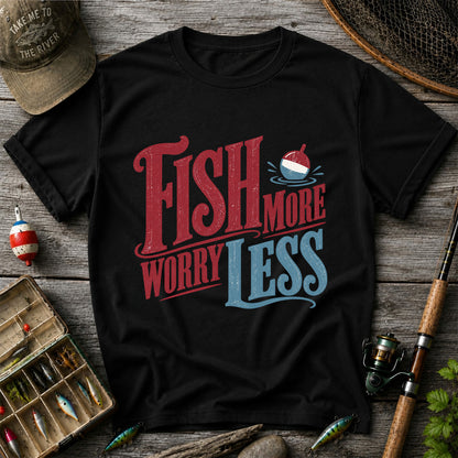 Fish More Worry Less Vintage Bobber Fishing Graphic T-Shirt