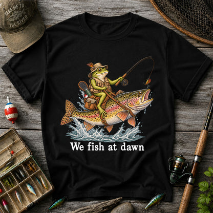 We Fish at Dawn Frog Riding a Rainbow Trout Funny Fishing T-Shirt