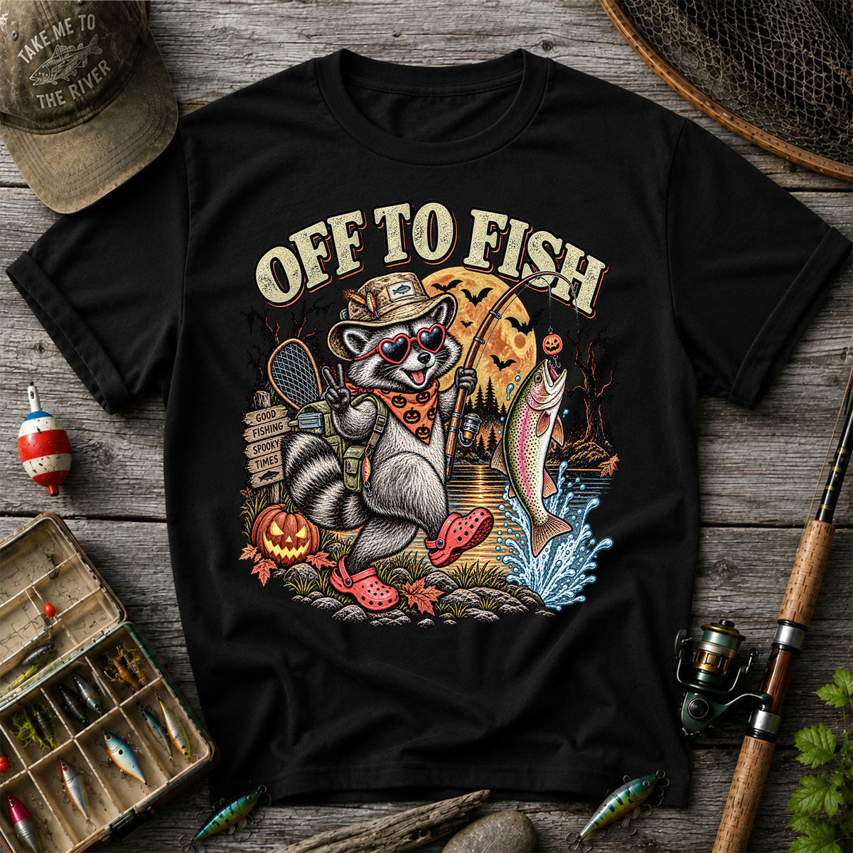 Off to Fish Raccoon and Trout Halloween T-Shirt - Good Fishing Spooky Times