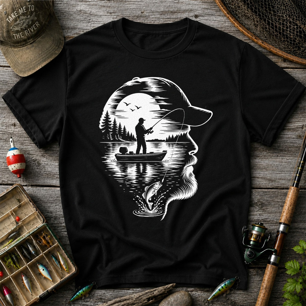 Bearded Angler Silhouette with Lake Fishing Scene Graphic T-Shirt