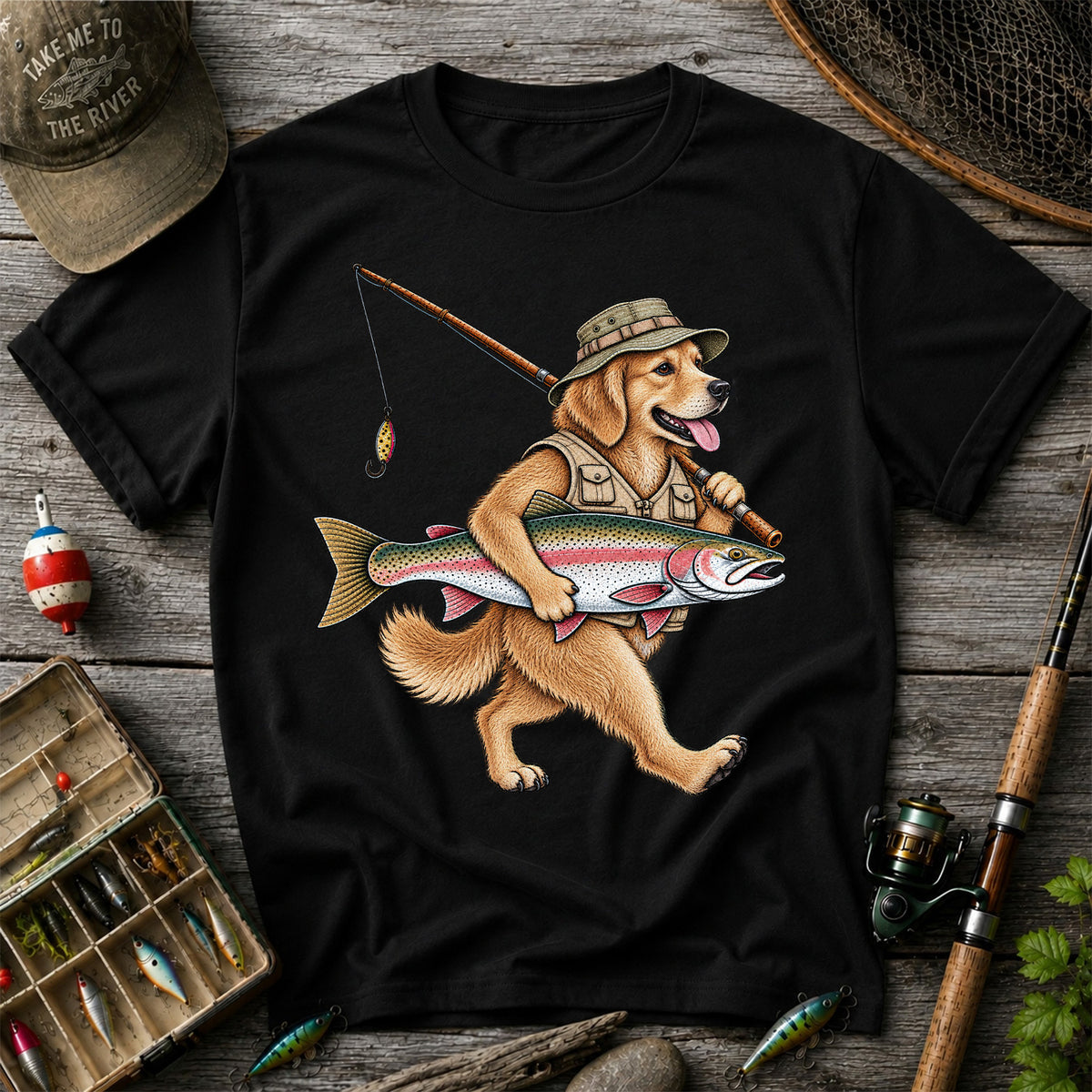 Golden Retriever Holding Rainbow Trout Fishing Graphic T-Shirt