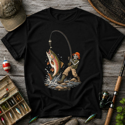 Skeleton Angler Catching Trout Dark Humor Fishing T-Shirt