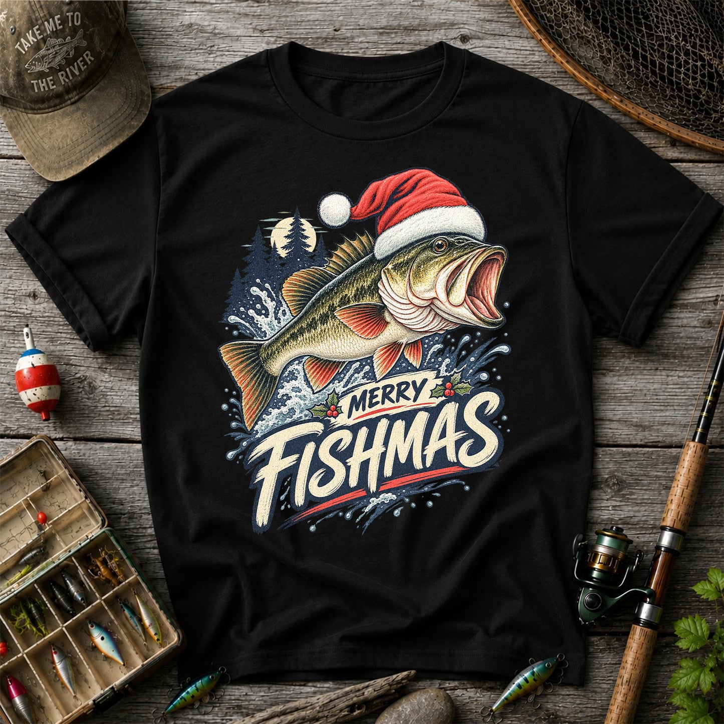 Merry Fishmas Santa Hat Largemouth Bass Fishing T-Shirt