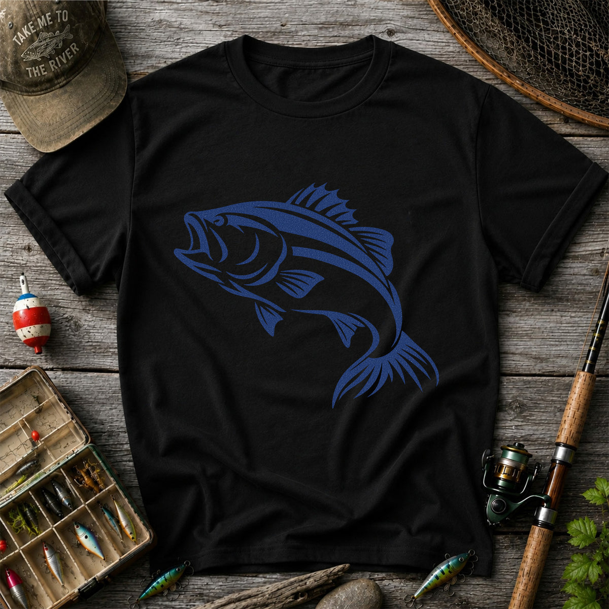 Blue Bass Fishing Line Art Graphic T-Shirt