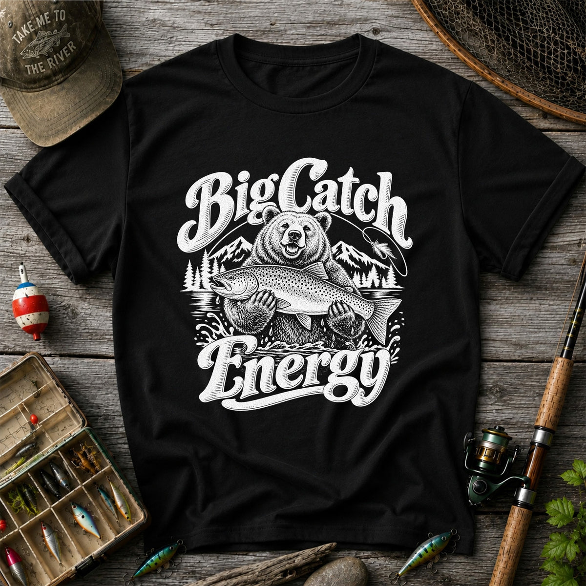 Big Catch Energy Bear Holding Trout Fishing T-Shirt