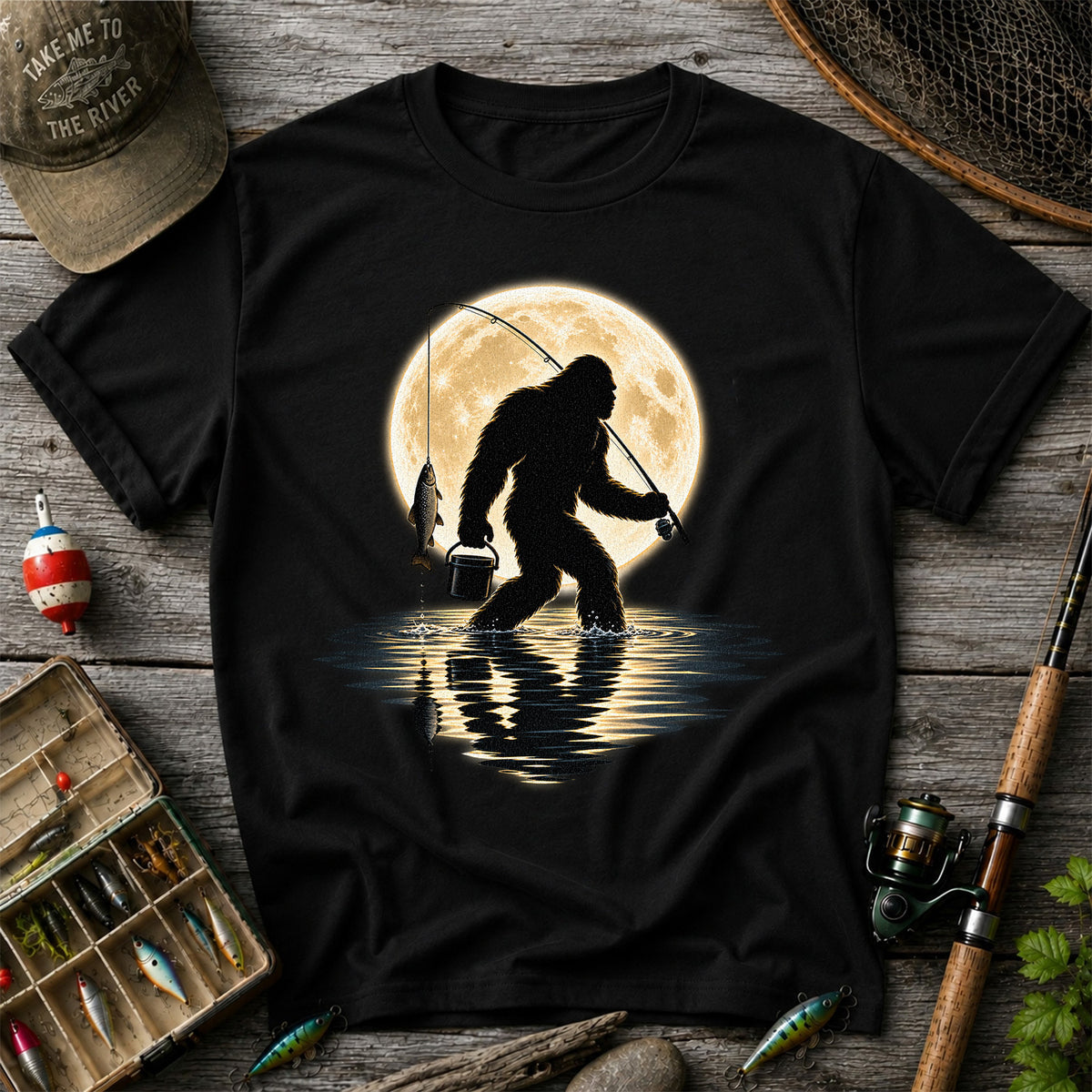 Bigfoot Fishing Under a Full Moon Graphic T-Shirt