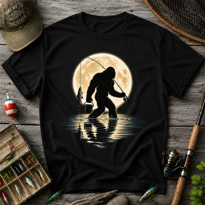 Bigfoot Fishing Under a Full Moon Graphic T-Shirt